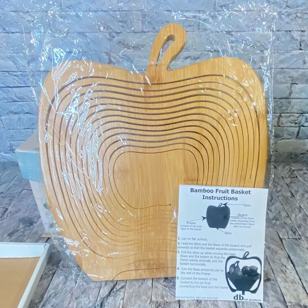 Wooden Bamboo Fruit Basket Apple Shaped NWOT Collapsible Foldaway Basket